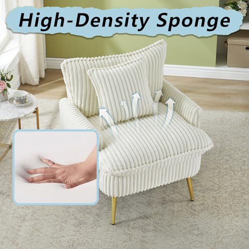 Sillón Corduroy Moderno Blanco con Brazos y Patas Doradas miniatura 4