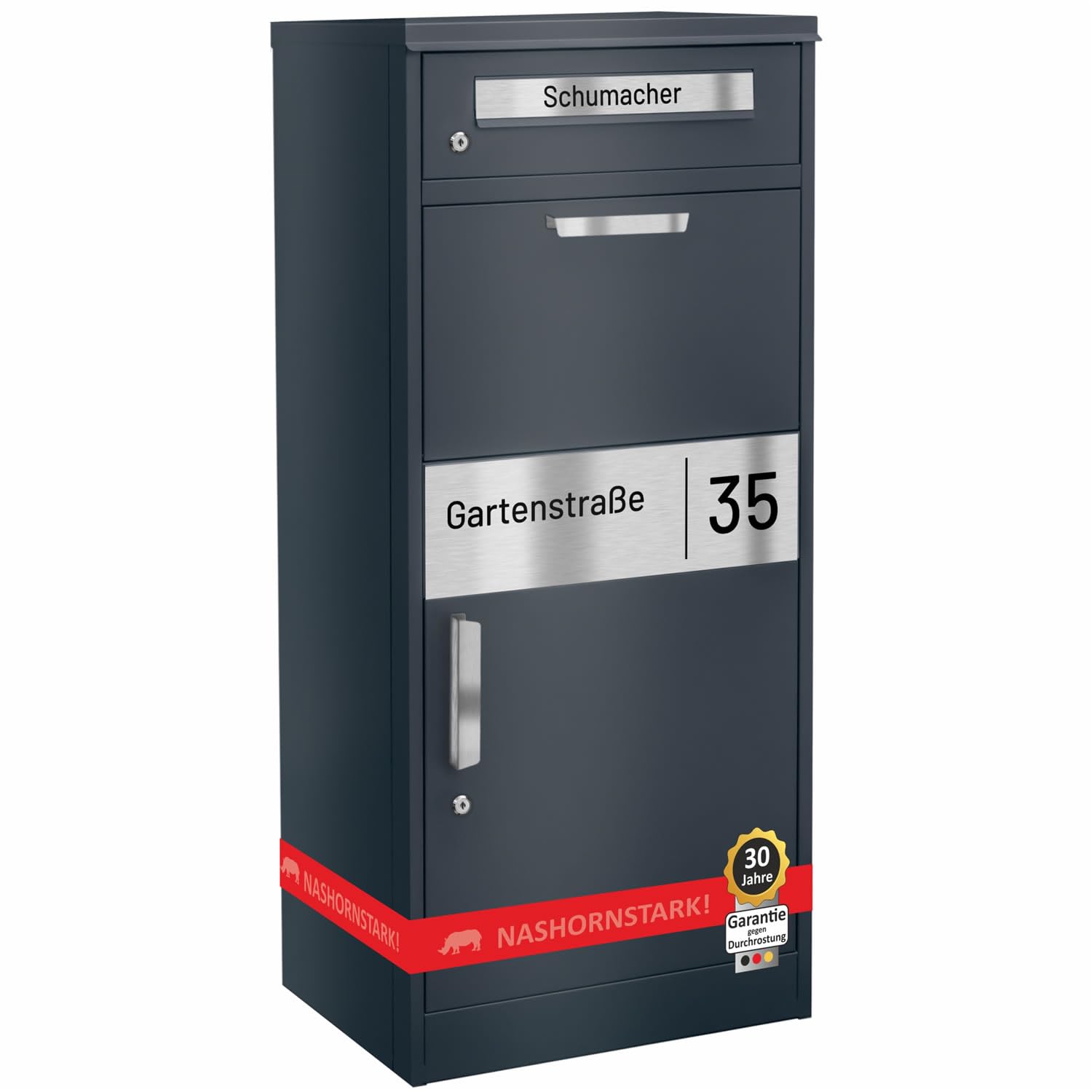AL Paket-Line - Briefkasten mit Paketfach groß XXL wetterfest mit Namensgravur Paketbriefkasten freistehend drinnen und draußen rostfrei Anthrazit RAL 7016 Paketbox modern massiv mit Rückholsperre