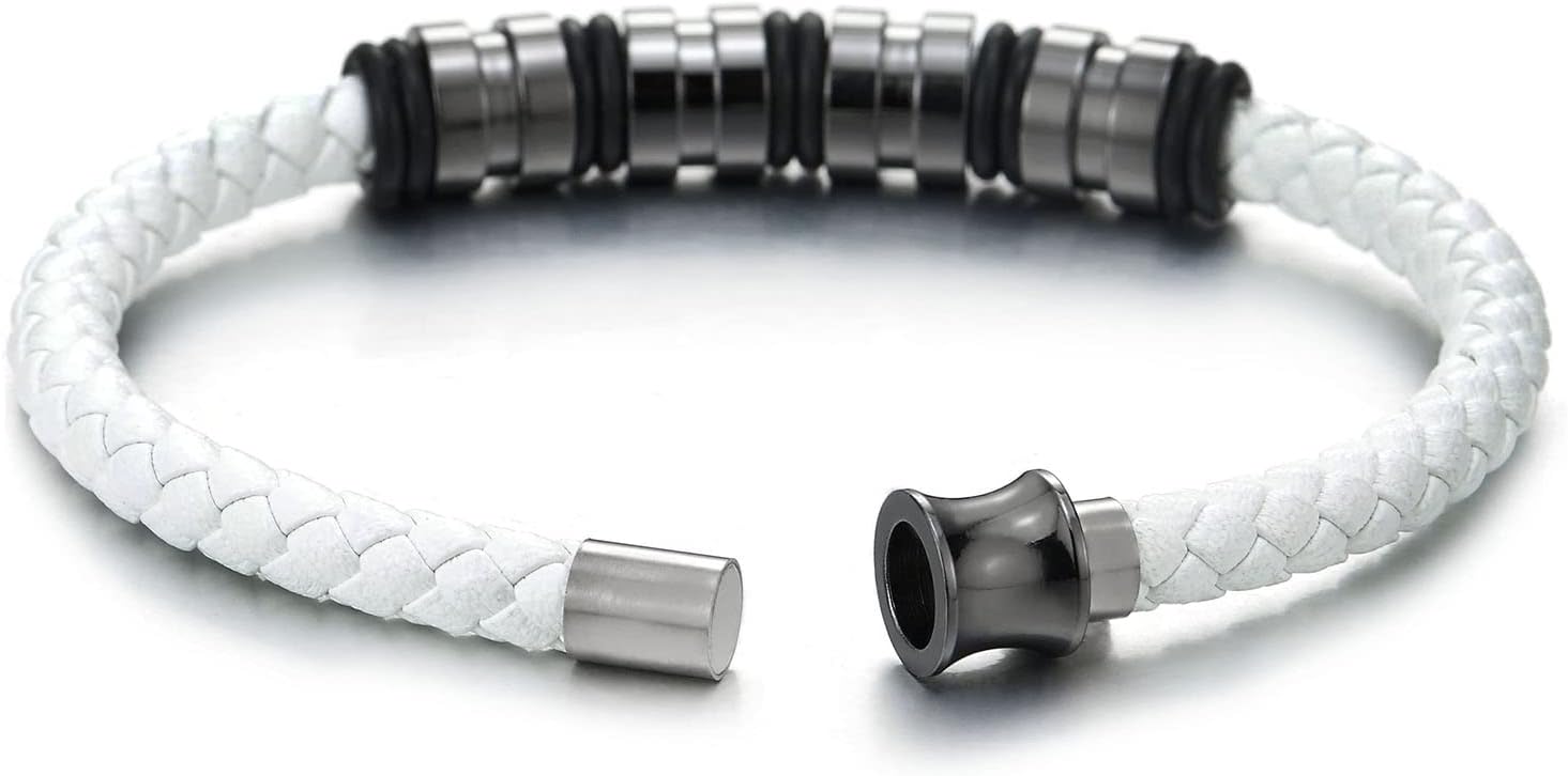 COOLSTEELANDBEYOND Mens Women White Braided Leather Bangle Bracelet with Stainless Steel Bead String and Magnetic Clasp - Image 3