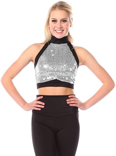 Top corto de lentejuelas para mujer, longitud media, solo para disfraz de baile Kix