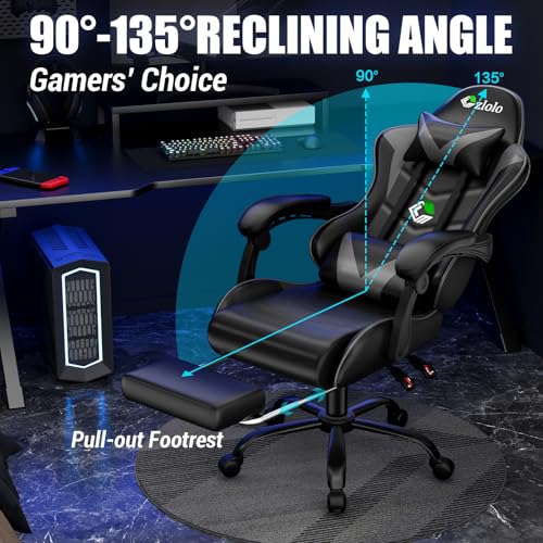 Image of Czlolo Gaming Chair with Footrest Racing Style Lumbar Support Massager Video Game Chair with Metal Legs, High Back Reclining Gamer Chair with Headrest, 360 Swivel Office Computer Desk Chair (Gray)