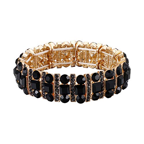 EVER FAITH Women's Austrian Crystal Art Deco Three Layers Bride Elastic Stretch Bracelet Black Gold-Tone
