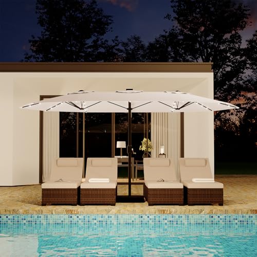 15FT Rectangular Patio Umbrella with Solar Lights & Base Included - Large Patio Umbrella with Crank Handle, UV Protection for Outdoor Market, Backyard, Pool - Beige