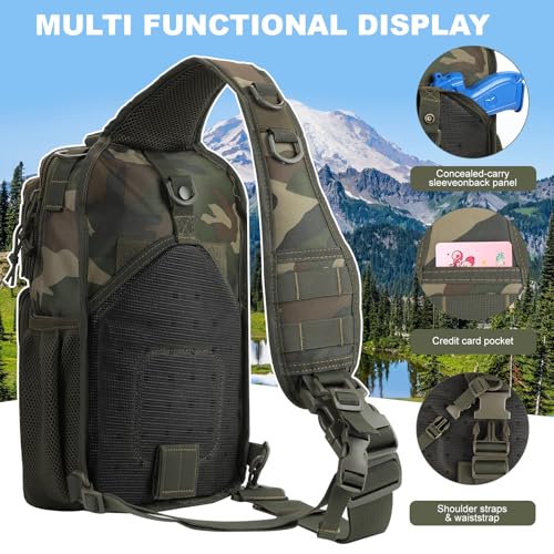Image of Rover Sling Pack Tactical Shoulder Sling Bag Backpack with Bottle Holder Crossbody Chest Bag, Woodland