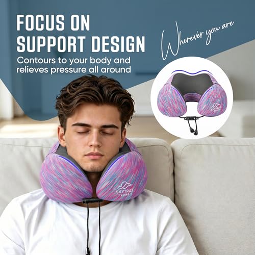 Image of SkytraxComf Travel Neck Pillow with Hood for Privacy on Long Flights | Memory Foam | Airplane Sleep | Safety-Tested Materials | Extra Large Hood | Chin Support | Earplugs | Washable Cover