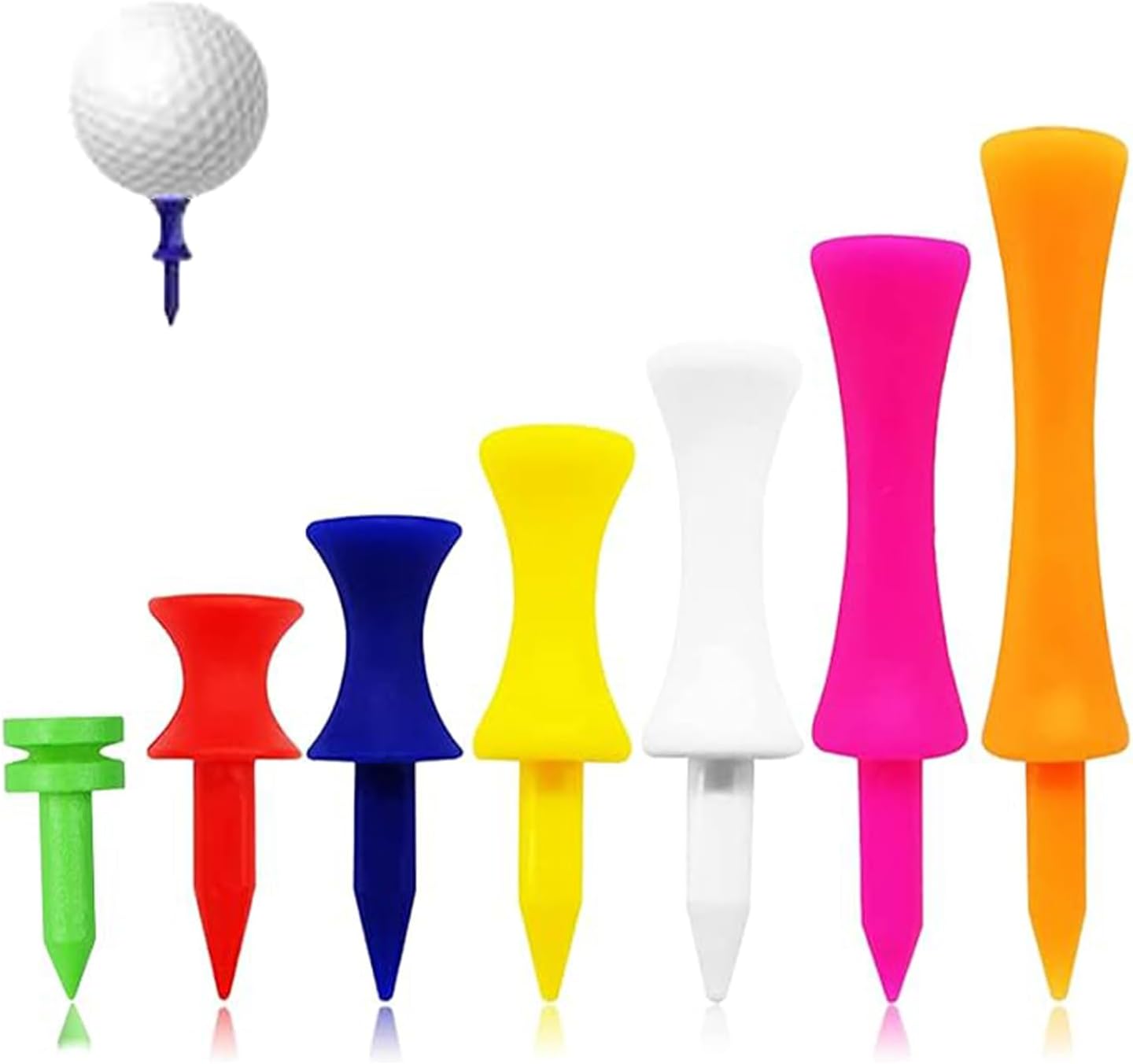 70 Pack Plastic Golf Tees 1", 1 1/4", 1 1/2", 1 3/4", 2", 2 1/4", 2 3/4" Available, Multi-Color Wear-Resistant Portable Golf Ball Tees, Golf Step Down Tees