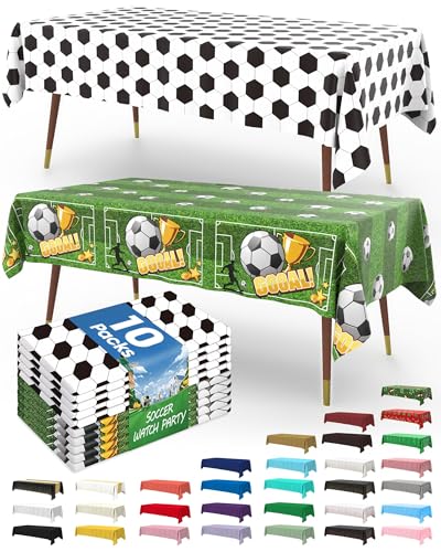 Image of Pureegg Soccer Party Decorations 2026 Plastic Tablecloth Disposable 10 Pack, Rectangle Table Cover 54 x 108 Inch, Plastic Table Cloth for Soccer Birthday Party, Green and White Soccer