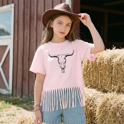 Image of Wrenpies Girls Western Fringe Shirt Long Live Cowgirls Country Rodeo Shirts Kids Cow Skull Graphic Tees Tassel Fringe Tops