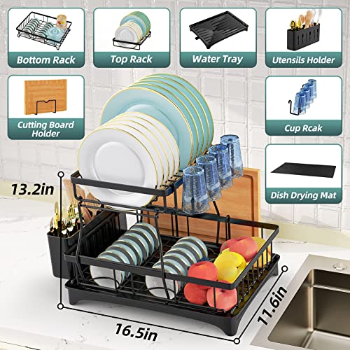 Khalidah Dish Drying Rack With Drainboard Set, 2 Tier Stainless Steel Dish Racks For Kitchen Counter, Wine Glass Holder, Utensil Holder And Extra Drying Mat, Large Capacity Dish Strainers (Black) #TOP1