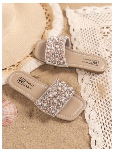GORGLITTER Girl's Glitter Sequin Pearl Flat Sandals Kids Open Toe Dressy Slides Cute Princess Shoes4