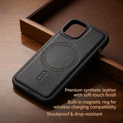 Image of amazon basics Premium PU Leather Case for iPhone 13, MagSafe Compatible Magnetic Ring, Sleek Protective Back Cover - [Black]