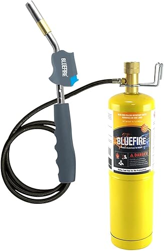 BLUEFIRE HZ-8388B - Antorcha de soldadura de gas con manguera de 3 pies con clip práctico y botella MAPP, mango de llama súper remolino, cabezal de