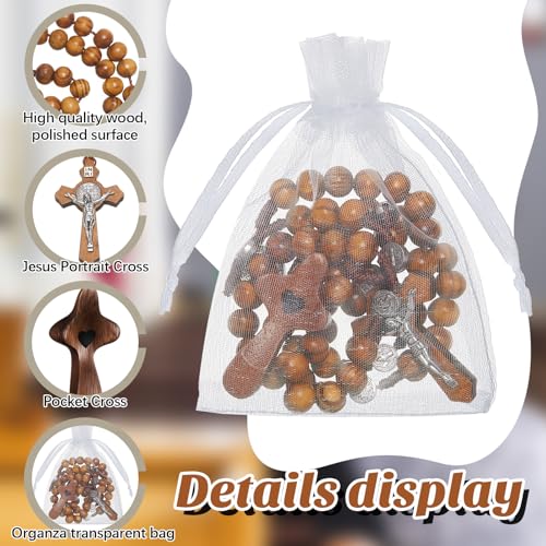 Quelay 15 Pcs Cross My Heart Encouragement Gift Pocket Wooden Cross Fidget and Rosary Set with Organza Bags for Catholic Men Religious Baptism Praying3
