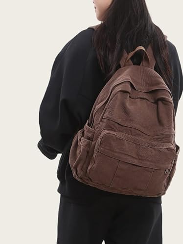 Miniatura 4 de Mochila de lona para mujeres con estética retro, mochila básica para estudiantes de secundaria/universidad, bolsa de viaje para laptop, Marrón