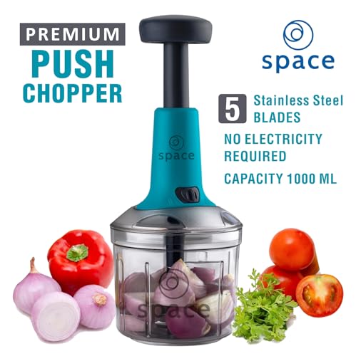 Image of Vegetable Chopper for Kitchen | Hand Chopper for Kitchen use Veg Cutter | Push Chopper 1000ml Capacity | 5 Sharp Stainlee Steel Blades (Teal)