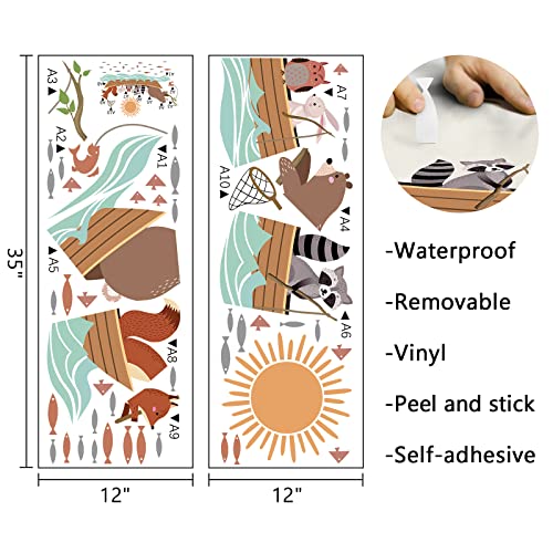 Mfault Woodland Animals Fishing Wall Decals Stickers, Funny Forest Bear Fox Raccoon Rabbit Owl Sun Nursery Decorations Bedroom Art, Jungle Baby Animal Fish Kids Room Decor #TOP1