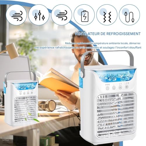 Tragbarer Klimagerät, tragbarer Ventilator, kompaktes Gerät mit 3 Geschwindigkeitsstufen für Schlafzimmer, Nachttisch, Büro, Schlafsaal, Camping-8