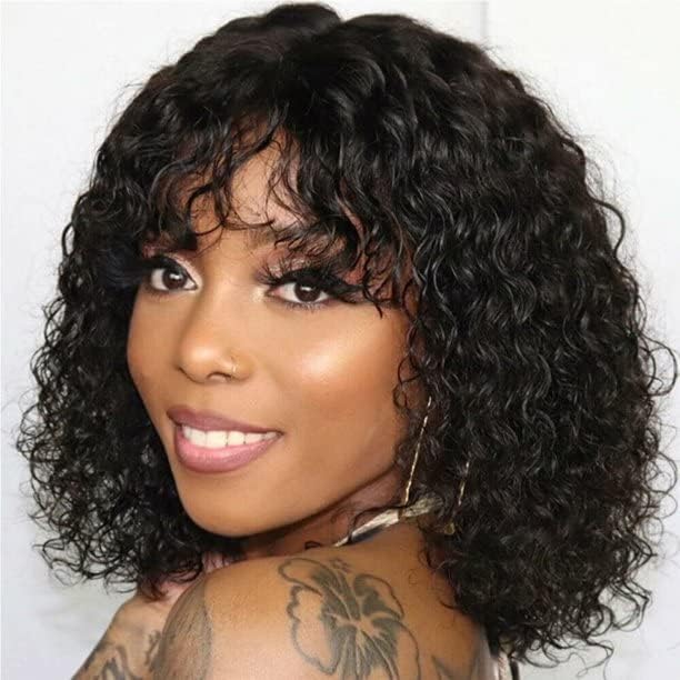 Fashion Idol Short Curly Bob Human Hair Wigs with Bangs Jerry Cur...