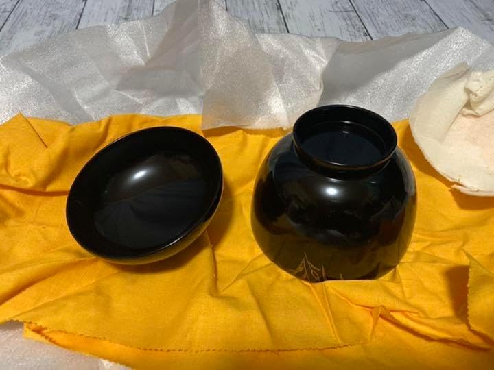 輪島塗 蓋付 椀 吸飲椀 波 鳥 金彩 蒔絵 松 黒 漆塗り 木箱付 輪島塗