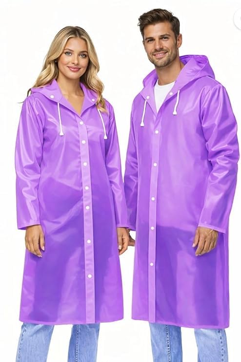 W+ Long Hooded Waterproof Raincoat | Premium EVA Material | Full Length Button Closure Rain Wear Men & Women (Purple) (2 Piece)-picture-24