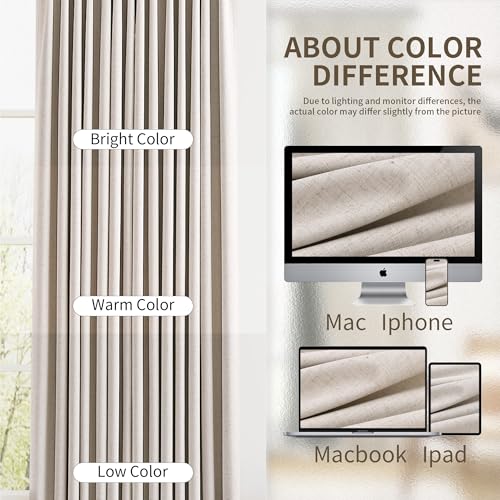 Beige Pinch Pleat Linen 100% Blackout Curtains 108 Inches Long 2 Panels Set for Bedroom Pleated Thermal Insulated Complete Black Out Window Curtain 108 Inch Living Room High Ceiling Length Drapes by Joywell - Used condition - Image 6