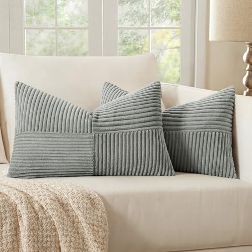 Image of MIULEE Silver Grey Decorative Lumbar Throw Pillow Covers 12x20 Inch for Couch Bed Sofa Pack of 2 Boho Farmhouse Throw Pillows Soft Cross Corduroy Patchwork Textured Cushion Cases