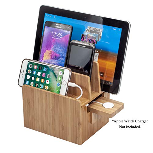 Bamboo Charging Station with Compatible Apple Watch Charger Adapter plus Apple Approved MFI Cable