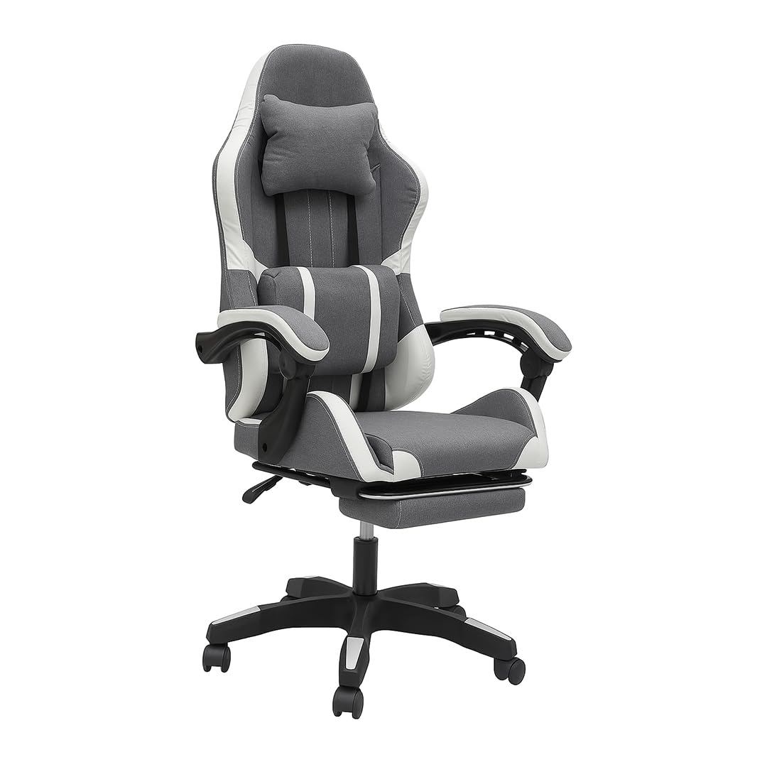 Multi Home Furniture Grey and White Gaming Chair with Back Support, Footrest, Lumbar Support, Headrest & Adjustable Height Swivel Chair – Leather Ergonomic Chair for Home, Best Gaming Chair for Gaming
