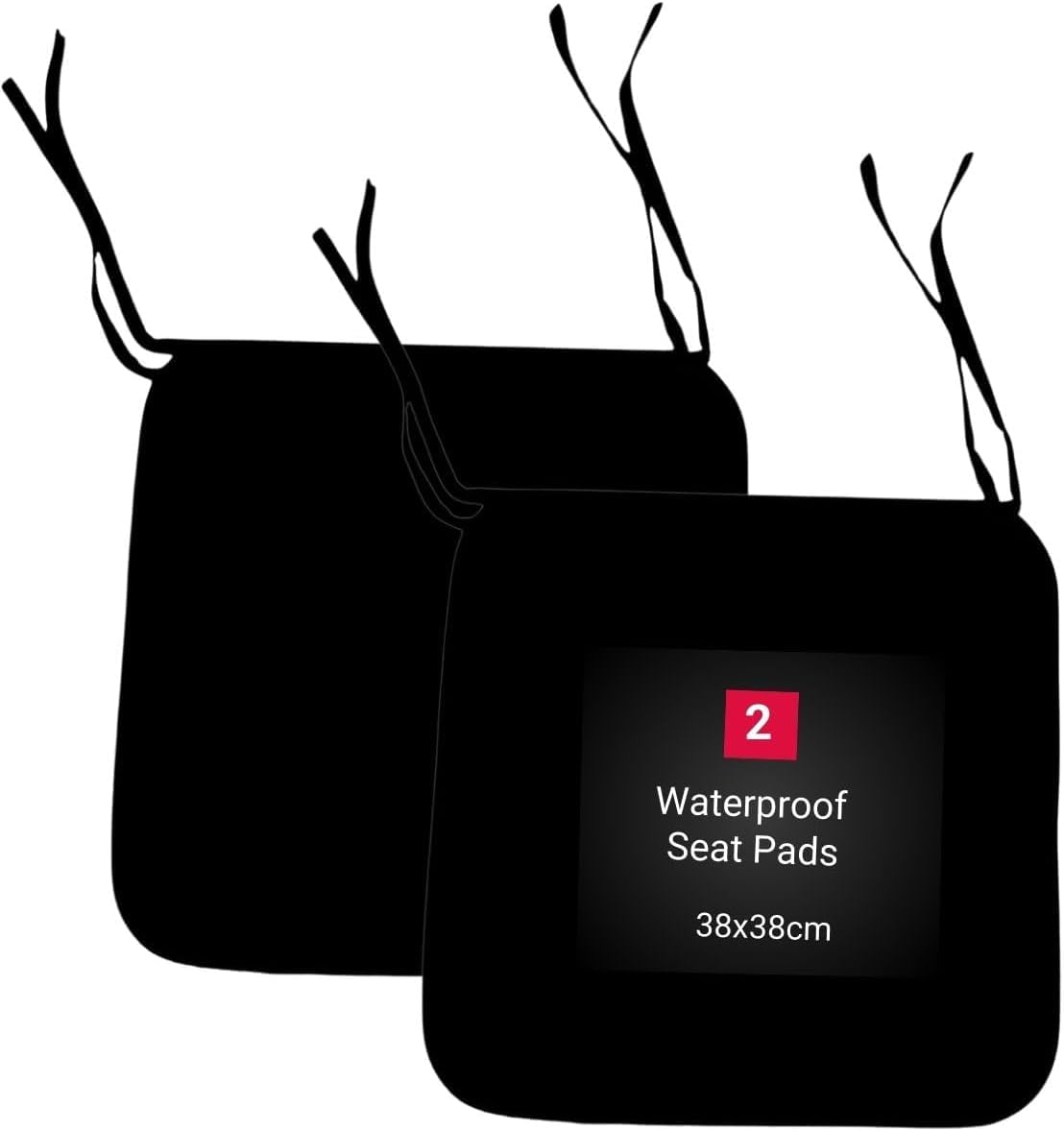 Comfort-Style Set of 2 Waterproof Square Seat Pads 38x38 cm - Indoor/Outdoor Home Office Cushions with Ties for Garden, Patio, Dining Chairs (2, Black)