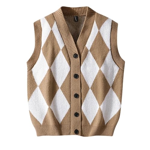 Cambkatl Men's Argyle Sweater Vest Button V Neck Fall Cardigan Casual Sleeveless Knitted Houndstooth Jumper Tops