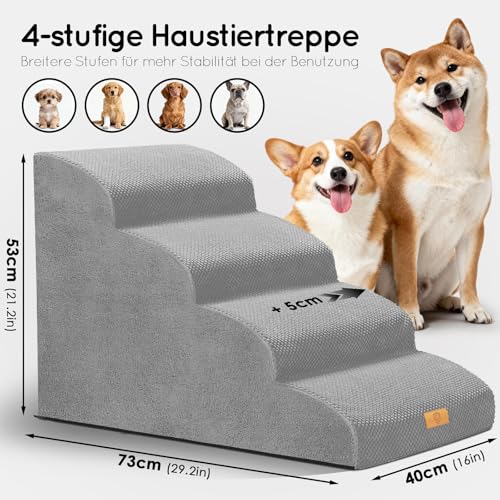 Thihome Hundetreppe 4 Stufen, rutschfeste Haustiertreppe 50cm Hoch, Hochdichter Schaum Hunderampe mit Waschbarem Bezug und Rutschfestem Boden, Hunde Treppe für Sofa & Bett, Grau