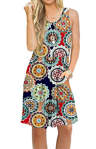 AUSELILY Women's Sleeveless Loose Swing Casual Print Floral Pleated Dress with Pockets Knee Length (M, New Round Red)