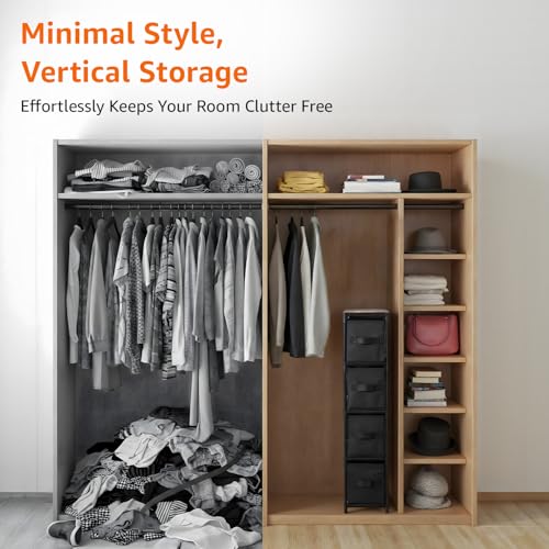 Image of Amazon Basics Slim Fabric Chest of 4 Drawers, Iron Frame & MDF Top - Compact Storage Dresser for Clothes, Bedroom, Closet & Small Spaces - Black (30L x 47W x 90H CM)