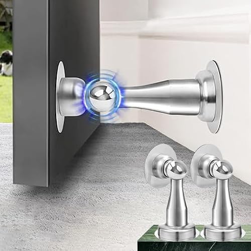 Magnetic Door Stops, 2 Pack, Magnetic Door Stoppers for Bottom of Door, Adhesive No Drilling, Protect The Door from Collision When Opened (Silver 2)