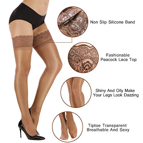 ARRUSA Nylon Shiny Thigh High Stockings,Sheer Shimmery Tights With Lace Top,Hold Up Silk Pantyhose for Women3