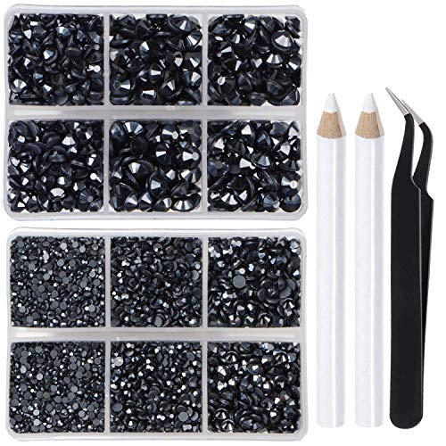 LPBeads 6400 Pieces Hotfix RhinestonesJet Hematite Flat Back 5 Mixed Sizes Crystal Round Glass Gems with Tweezers and Picking Rhinestones Pen