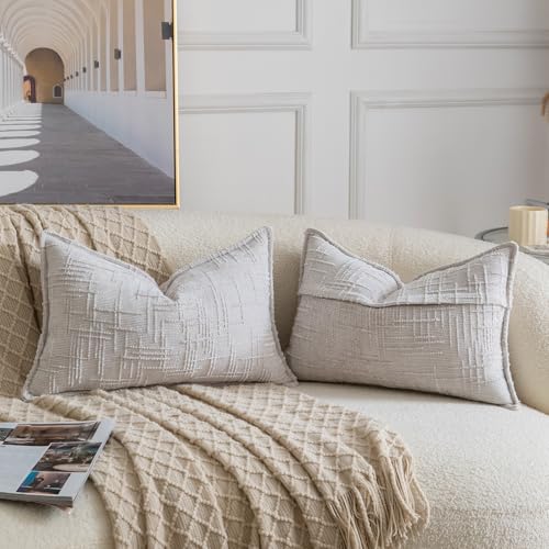 Image of MADIZZ Pack of 2 Chenille Throw Pillow Covers 12x20 Inch Light Grey Soft Neutral Decorative Throw Pillows for Couch Sofa Boho Accent Cushion Covers Modern Farmhouse Home Decor for Bedroom Living Room