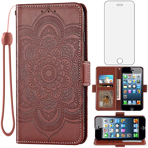 Asuwish Compatible with iPhone 5S 5 SE 2016 5SE Wallet Case and Tempered Glass Screen Protector Flip Card Holder Cell Phone Cover for iPhone5 iPhone5s iPhoneSE iPhone6se i 6SE iPhone5se Women Brown