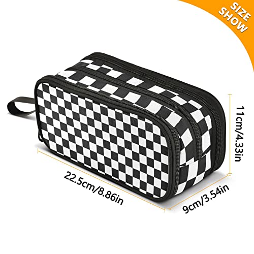 Image of Black White Checkered Pencil Case Box Boys Girls Large Pencil Pouch Zipper Compartments Big Capacity Stationery Pen Bag Organizer for Kids Teens Adults School