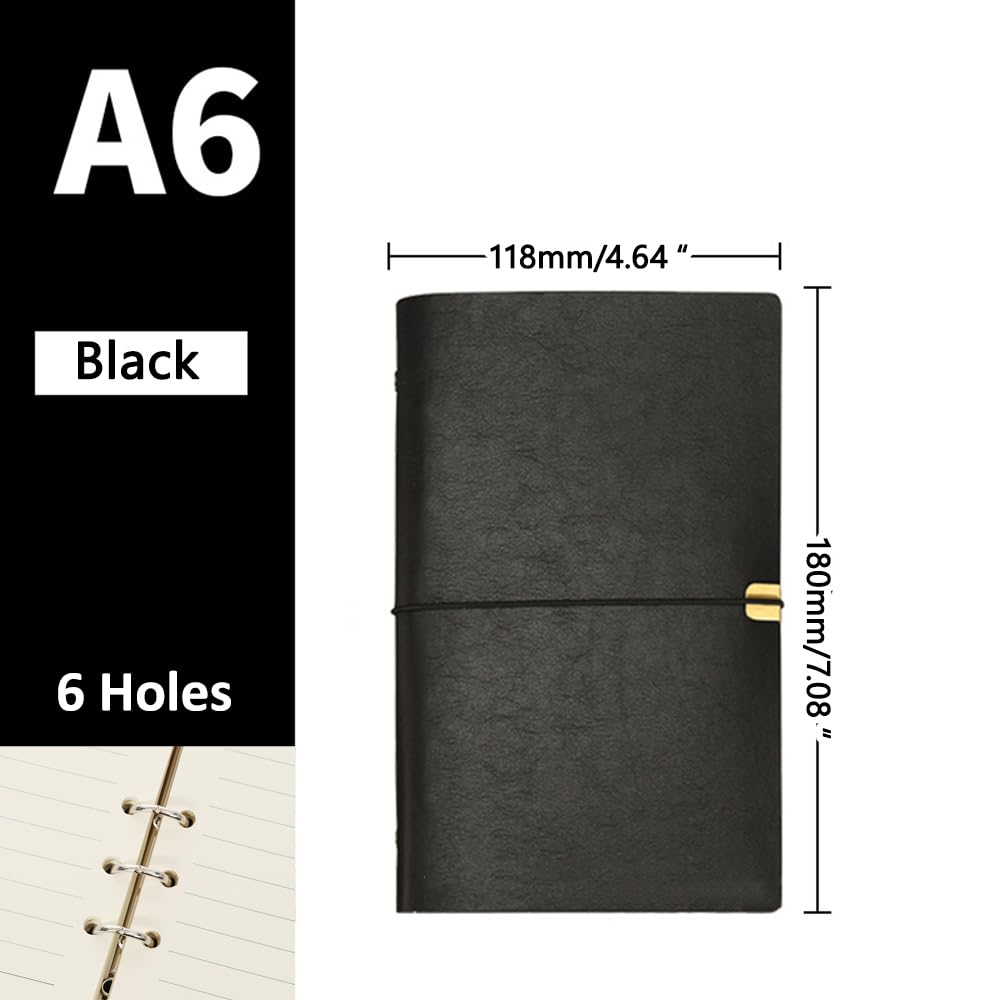 SagaSave PU Leather Notebook, A6 Writing Notepad Refillable 6 Holes Loose Leaf Journal Diary, 100 Pages (Black)