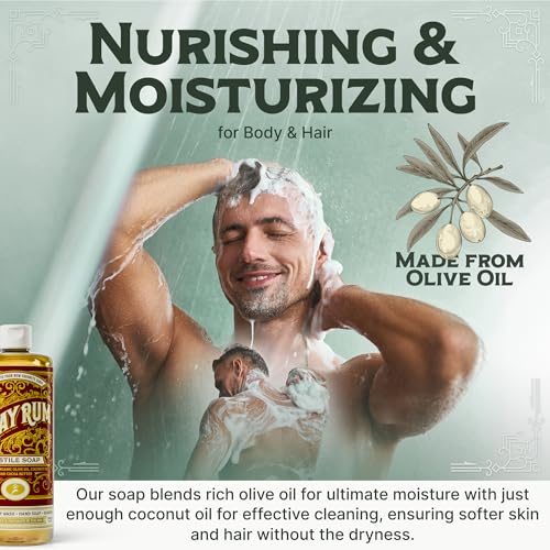 Image of Carolina Castile Soap Bay Rum Scent - Certified Organic Base, High Olive Oil Content, Non-Drying, Made with Organic Oils, Concentrated Natural Body Wash for Men and Women (Bay Rum, 32 Fl Oz)