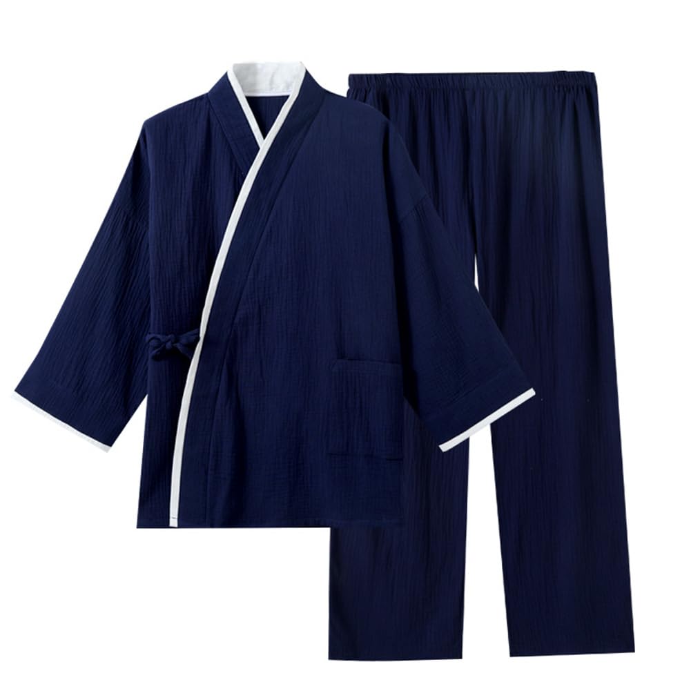 Mens Classic Japanese Cotton Dressing Gown Kimono Pajama Suit Plus Size-image-10