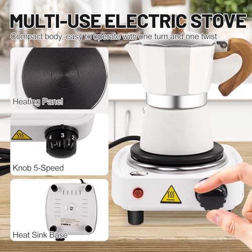 Image of 2-in-1 Moka Pot Espresso Set with Electric Stove 3 Cup Aluminum Stovetop Coffee Maker Percolator Italian Classic Mocha Coffee Machine for Italian and Cuban Cafe Brewing Portable Camping Travel