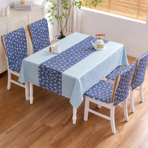Image of HOMETHREADS Floral Cotton Chair Cover Set | Soft & Comfortable Seat Covers with Anti-Skid Non-Slip Backing + Waterproof Dining Table Cover (140x180 cm) Navy White, 4 Chair Covers + 1 Table Cover