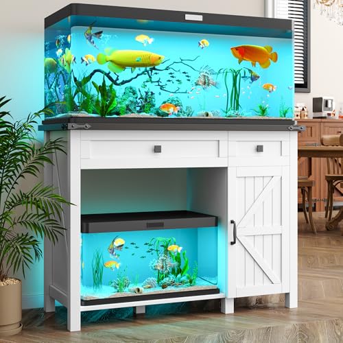 kepptory 40 Gallon Fish Tank Stand with Power Outlets, Farmhouse Decorative Aquarium Stand Furniture with Adjustable Shelves and Drawer, Reptile Turtle Tank Stand with Cabinet Storage (White, 30-40GL)
