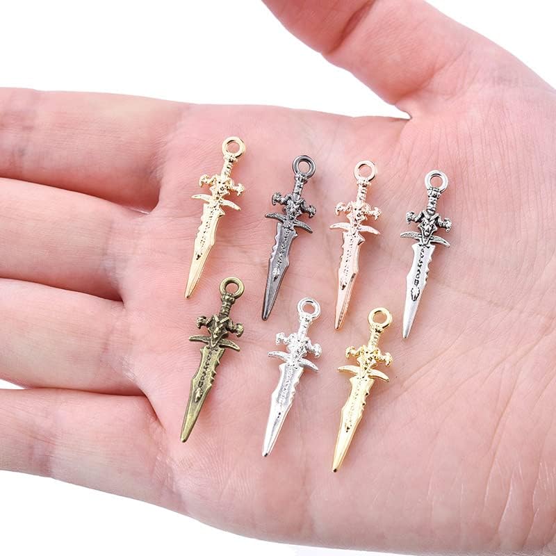 Miniatura 9 de Wowagoga 100 dijes de espadas para hacer joyas, marcapáginas de espadas, mini colgantes de espadas, llavero de espadas antiguas para manualidades