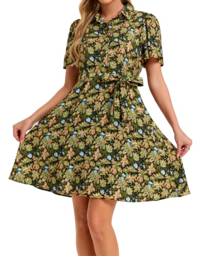 Image of Women Long Sleeve Spring Button Down A-Line Floral Print Summer Cocktail Shirt Dresses with Belt