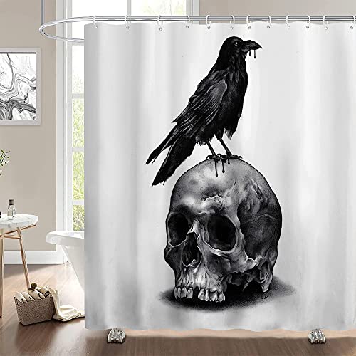 Hiyoo Halloween Skull Raven Shower Curtain With Hooks, Horror Scary Skeleton Hallowmas Bathroom Art Decor Bathtub Black And White Shower Curtains, Waterproof Fabric - Mysterious Bird 60" W X 72" L #TOP18