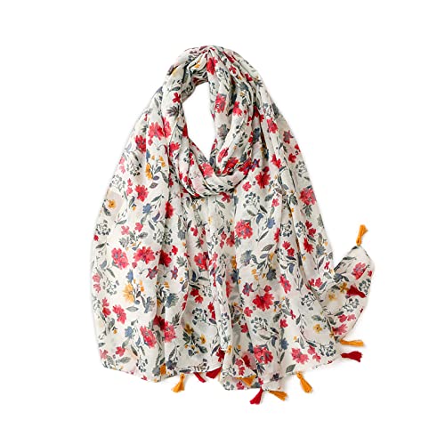 Voile Scarf Women Flower Plant Printed Geometric Pattern Two-Color Tassel Lightweight Sheer Shawl Long Wrap Stole