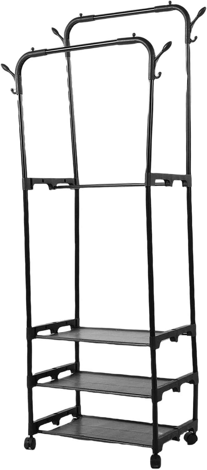 Yctze Double Rods Clothes Rack, Rolling Clothing Rack, Shelves Wardrobe Organizer for Hanging Clothes & Bags